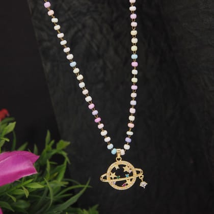 Stainless Steel Saturn Pendent Pearl Chain Necklace - STNK 4