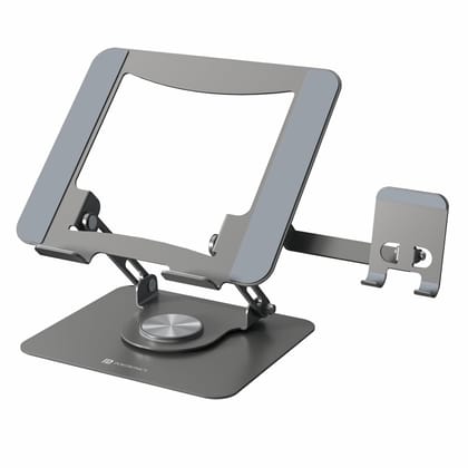 Portronics 2-in-1 Laptop and Phone Stand with 360 Rotating Base, Adjustable Height and Angle, Foldable Metal Design, Heat Dissipation, Universal Fit for 10 -15.6 Laptops, Portable Desk Stand (Black)