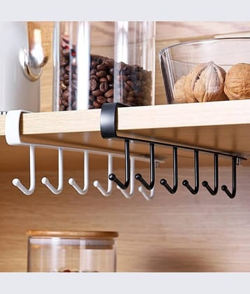 Multifunctional 6 Stainless Steel Door Organizer/Hook Hanger Mug Cup Holder Rack Organizer Stand for Kitchen Counter, Cabinet, Table with 6 Hooks - Black