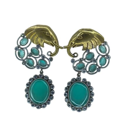 Silver Oxidized Elephant Earrings with Turquoise Stones, Dangle Style