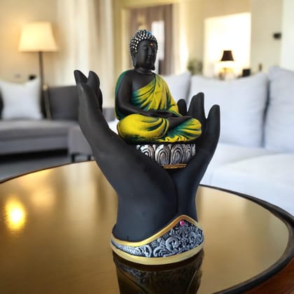 AMS Black & Yellow Polyresin Palm Buddha Statue with Hand Base | Gautama Buddha Idol for Home Decor, Office Desk, Meditation Room | Spiritual Gift for Housewarming, Birthday & Buddha Purnima