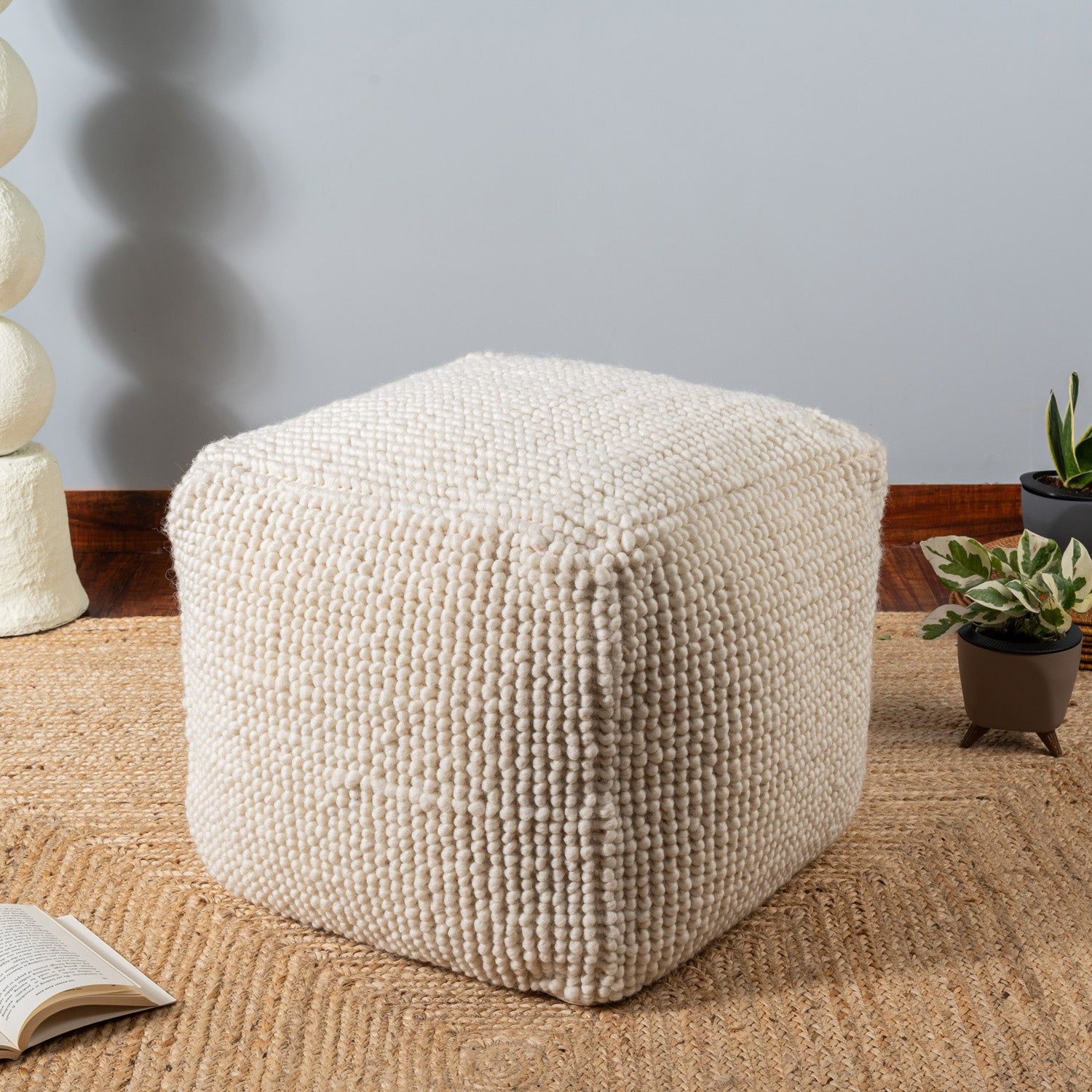 Ivory Chunky Wool Pouf-16"x14"
