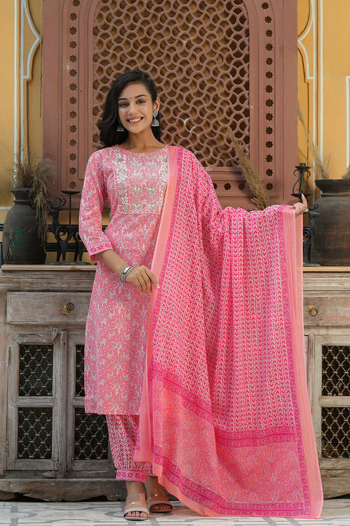 Pink Cotton Embroidered Work Straight Suit Set VKSKD1168