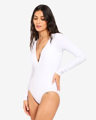 Solid Blue V-Neck Full Sleeves Swimsuit-S
