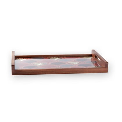 Seesham & Gota-Patti Tray - 17 x 10.5-17Inches x 10.5Inches x 2Inches / Natural Wood Maroon & Gold / Seesham / Indian Rosewood & Glass