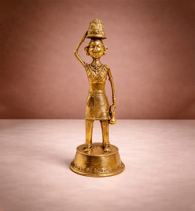 Handcrafted Brass Tribal Woman Figurine – Traditional Bhareva Bell Metal Sculpture