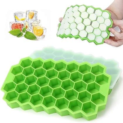 Flexible Silicone Honeycomb 37 Cavity Ice Cube Trays for Freezer with Lid Silicone Ice Cube Tray with Lid Moulds Small Cubes Whiskey Fridge Bar Soft Ice Cube Tray (Multicolour (Pack of 1)