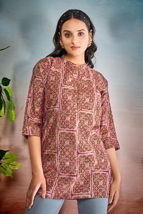 Modal Chanderi printed A Line Tunic Top-Red / S
