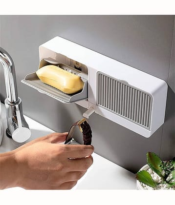 Radhe Creation Soap Holder Soap Box with Lid 2 Grid, All-in-One Bathroom Wall Shelf – Sliding Cover Storage for, Soap, Cosmetics, Smartwatch – Minimalist Wall Organizer