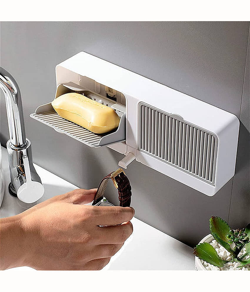 Radhe Creation Soap Holder Soap Box with Lid 2 Grid, All-in-One Bathroom Wall Shelf – Sliding Cover Storage for, Soap, Cosmetics, Smartwatch – Minimalist Wall Organizer