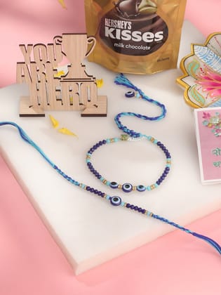 NVR Set of 2 Blue Evil Eye Artificial Beads Bhaiya Bhabhi Rakhi Combo-One Size / Blue