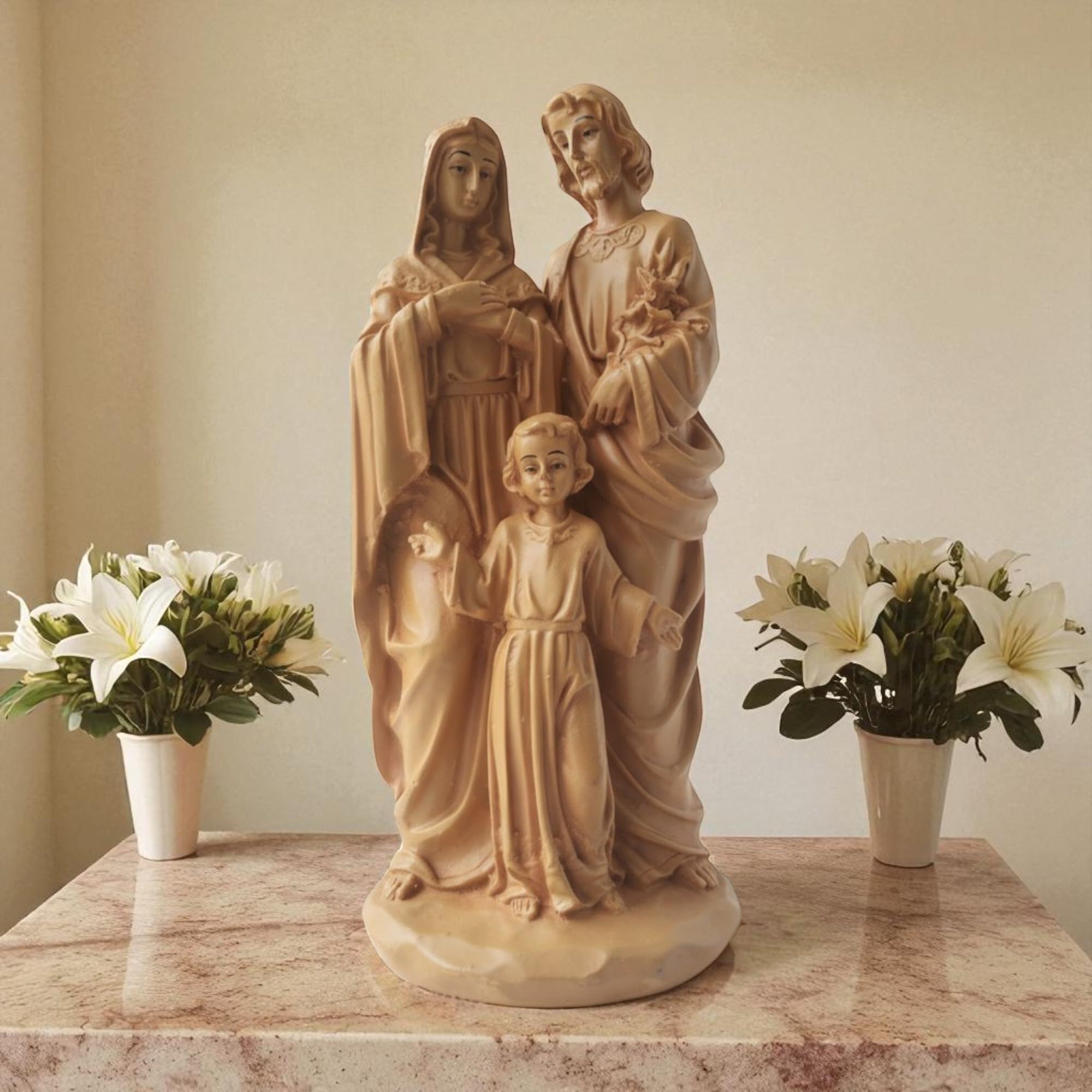 AMS Holy Family Idol | Resin Statue of Infant Jesus, Mother Mary & Saint Joseph � Brown Finish | Christian Religious Figurine for Home Altar, Prayer Room, Church & Spiritual Gifting � 27 cm