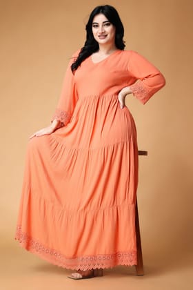 Solid Lace Flared Maxi Dress-L / Light Peach