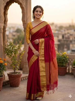 Stylish cotton party wear Red Mangalgiri saree