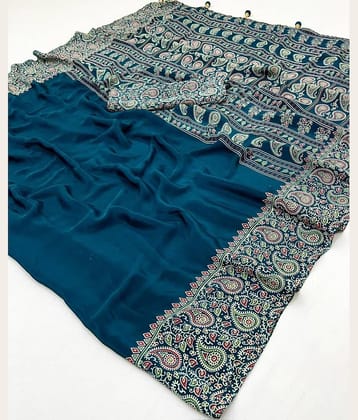 Rangtulika Ethnics Cotton Printed Banarasi saree With Unstitched Blouse Piece ( Blue )