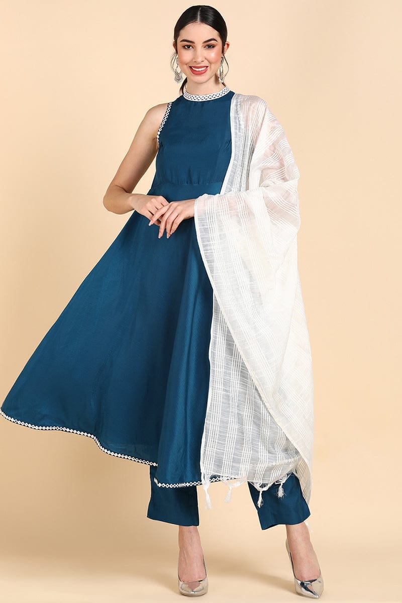 Teal Blue Poly Silk Anarkali Suit Set PKSKD1398