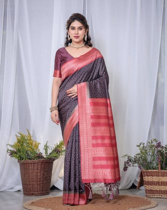 Majestic Black Banarasi Silk Saree with Rose Gold Border and Tassels-Regular