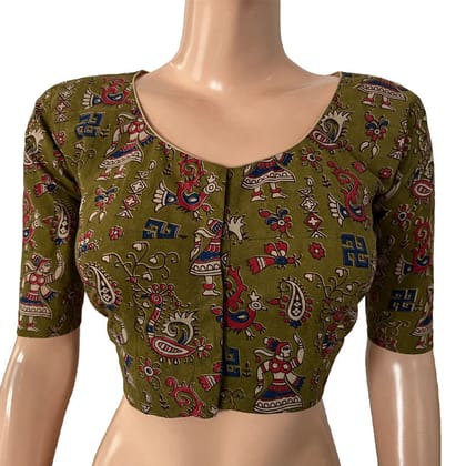 Kalamkari  Cotton  Round neck Blouse,  Olive Green,  BK1260-S