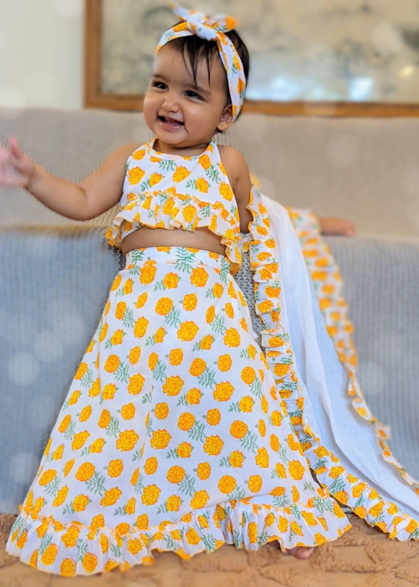 Cotton Malmal Lehenga Set | Marigold-0-6m