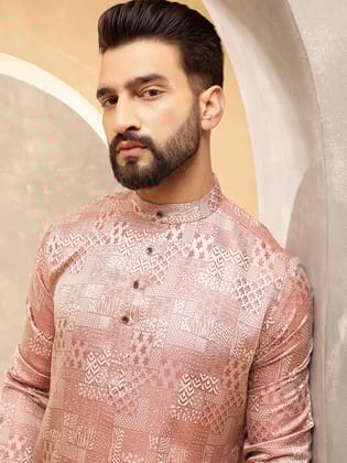 Men's Jacquard Silk Red Only Long Kurta-40