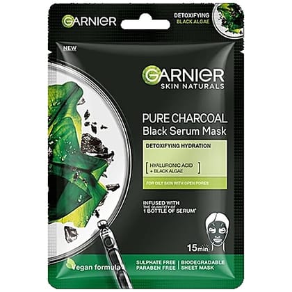 Garnier Pure Charcoal Black Serum Face Sheet Mask - For Oily Skin With Open Pores, 28 g