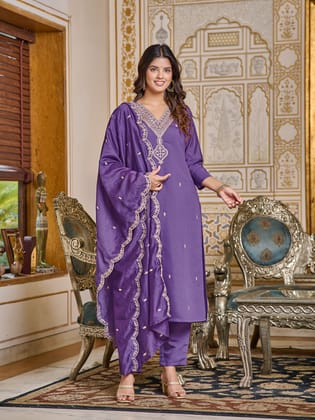 PURPLE COTTON EMBROIDERY WORK KURTI PANT WITH FANCY DUPATTA-S