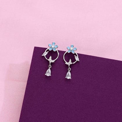 Sterling Silver Floral Casual Drop Earrings-White Stone / Silver