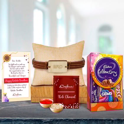 Designer Leather Bracelet BRO Rakhi with Cadbury Celebrations Gift Pack of 5 Assorted Chocolates and Roli Chawal Pack, Best Wishes Greeting Card