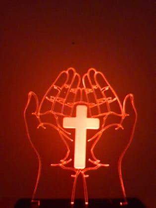 Christmas gifting Acrylic  jesus with cross in palm .LED rgb lightnwith chargeable base A