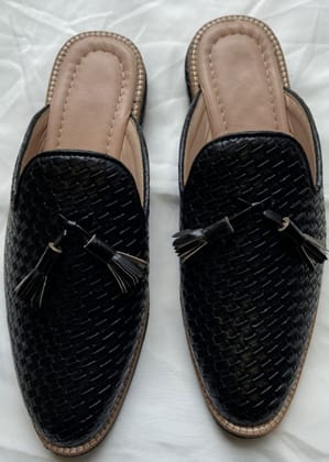 Black Matt Leather Slip-On Sandal with Tassels-Black
