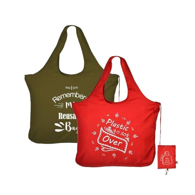 IVILLAGE Reusable Foldable Fabric Tote Bag Red Green Pack of 2