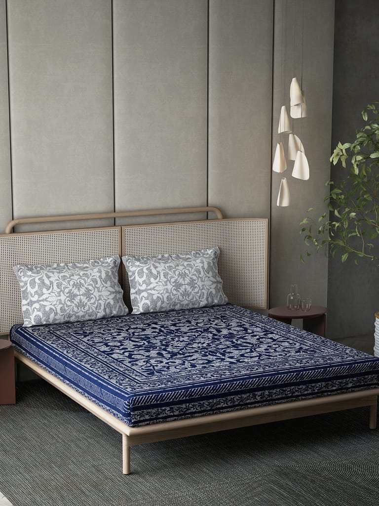 DDecor 100% Combed Cotton Super King Bedsheet with 2 Pillow Covers | Ethnic 136TC | Soft & Comfortable | Perfect for Everyday Bedroom Use | Indigo Moods Collection | 274 CM X 274 CM - Blue