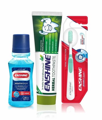 Enshine Combo Pack of Herbal Toothpaste (100g), Mint Mouthwash (150ml) and Advanced Toothbrush 1Pc