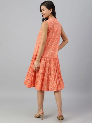 Peach cotton floral block print flared western dress Peach cotton floral block print flared western dress