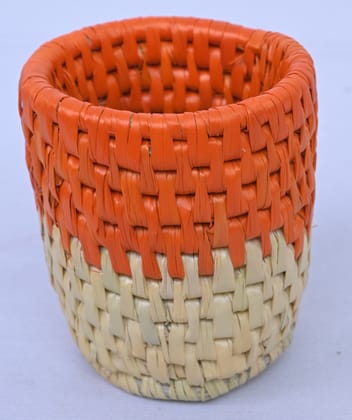 Handwoven Bamboo Pen Stand – Dual Tone Orange & Natural Desk Organizer Cup
