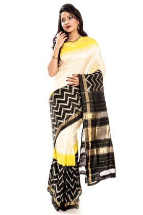 White Ikkat Silk Saree in Yellow & Black + Elegant Design Border
