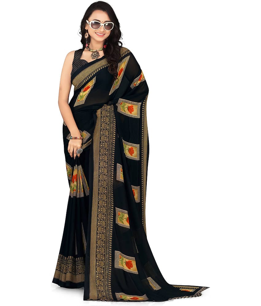 LEELAVATI Georgette Printed Saree With Unstitched Blouse Piece ( Black )