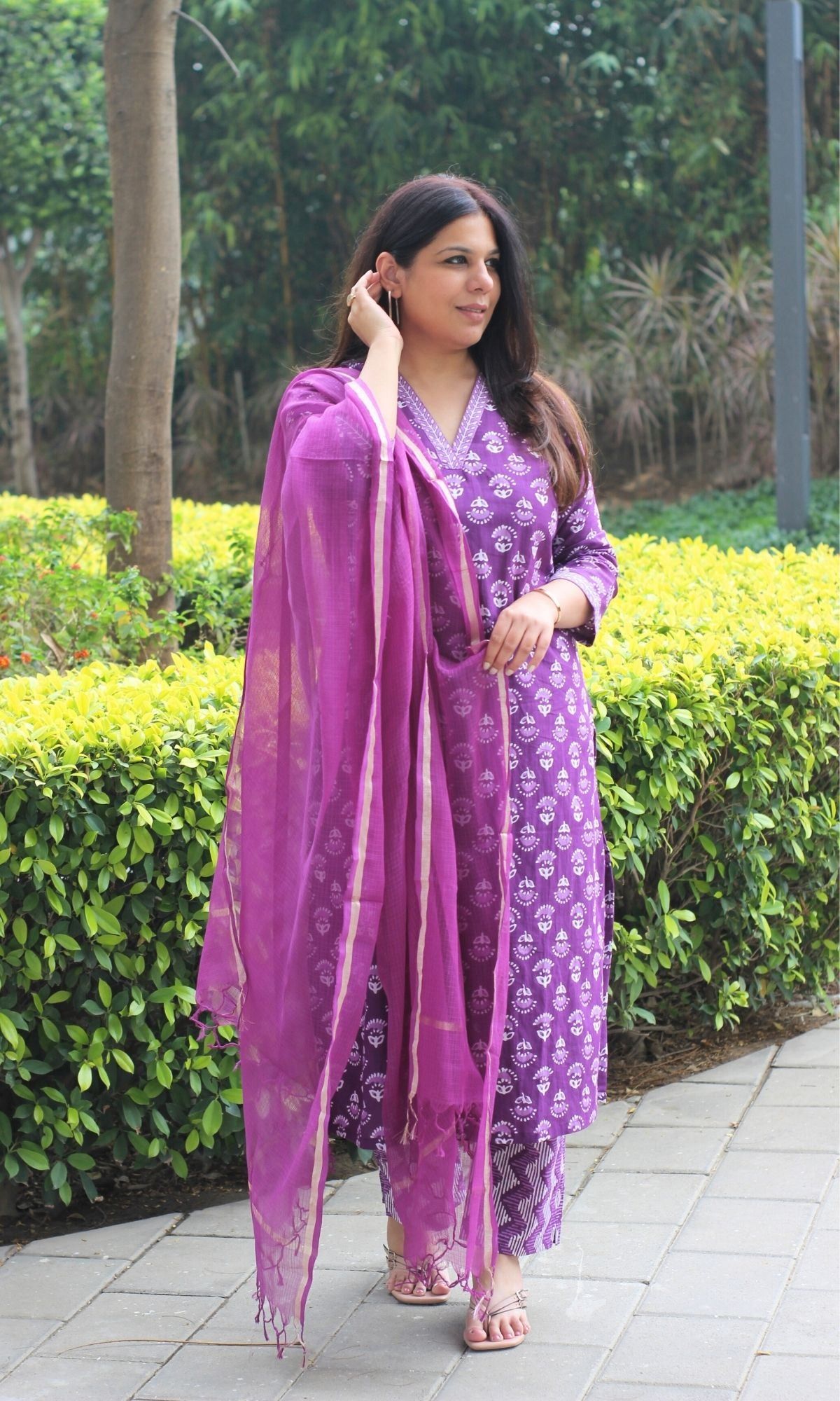 Cotton Orchid Block Printed Suit Set with Kota Doria Dupatta-XXS