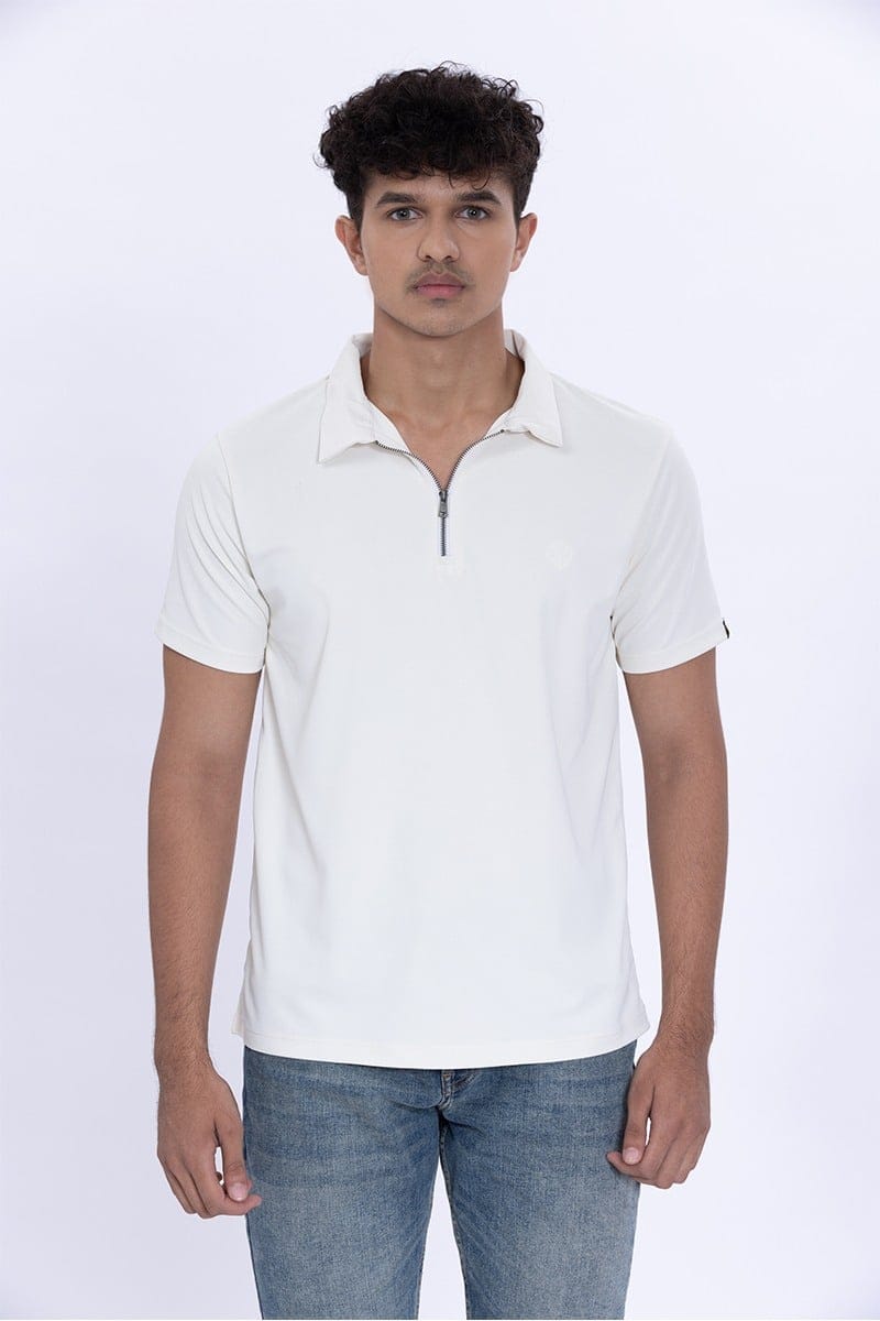 Oyster White Polo With Zipper