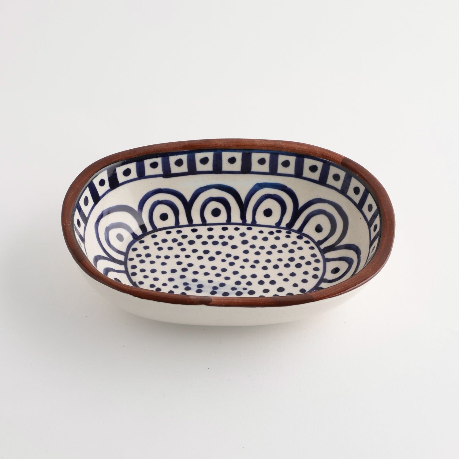 Ceramic Oval Dish - 7.2 x 5 x 2-White / Indigo / Brown / Ceramic / 7 x 5 x 2 Inches