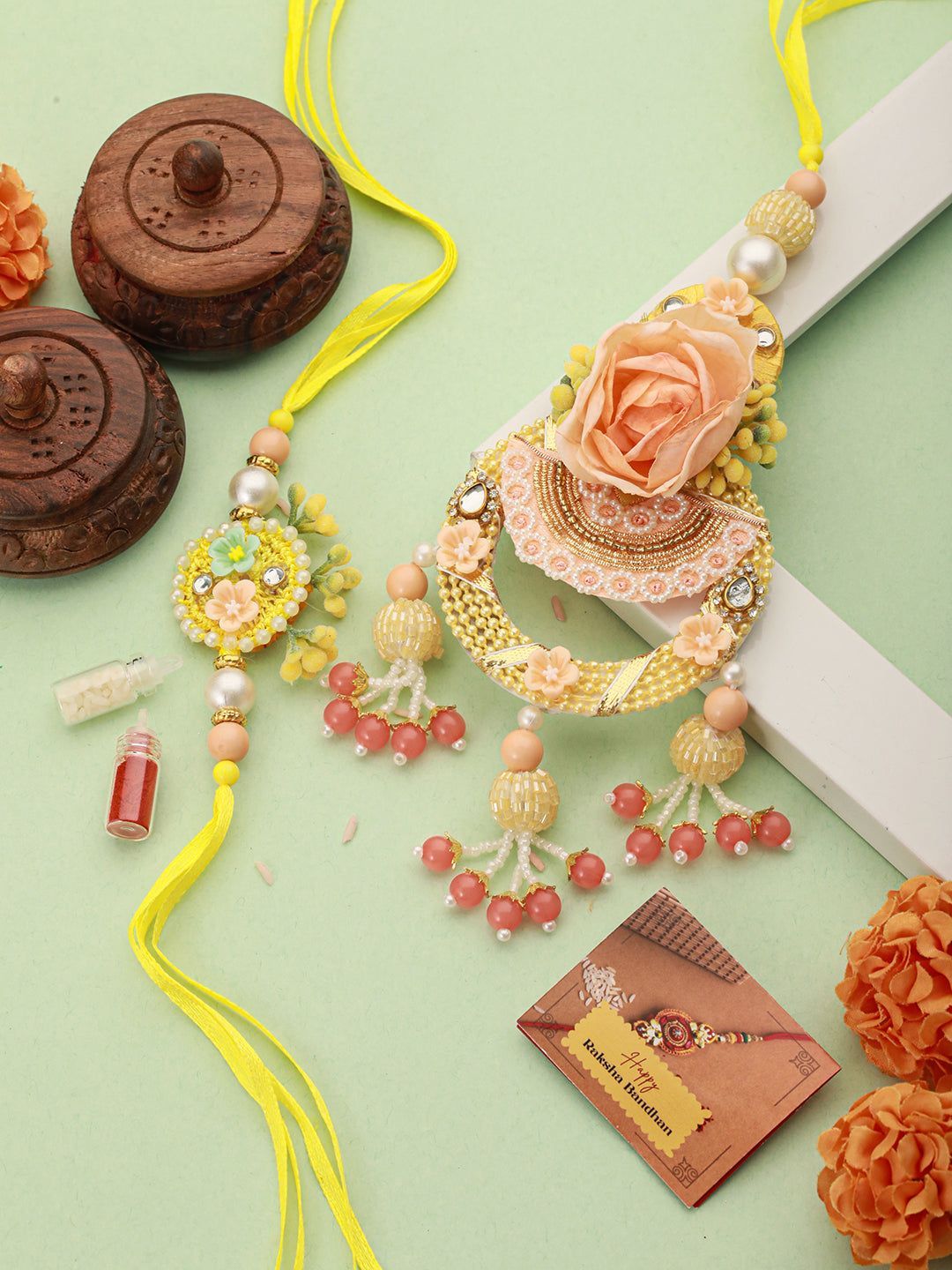 Set of 2 Peach Handcrafted   Flower  Rakhi For Bhaiya & Bhabhi Lumba Rakhi Set With Roli Chawal