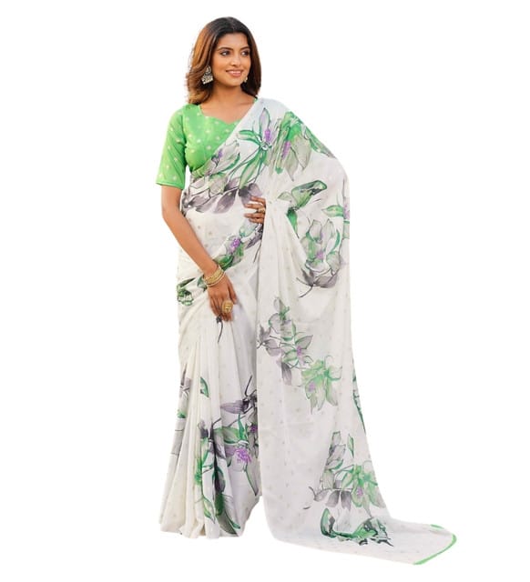 Generic Women's Georgette Floral & Butterfly Printed Saree with Unstitched Blouse Piece, Soft Lightweight 5.5 m Sari for Daily, Casual and Wear (Off White-Green, Design 67622)