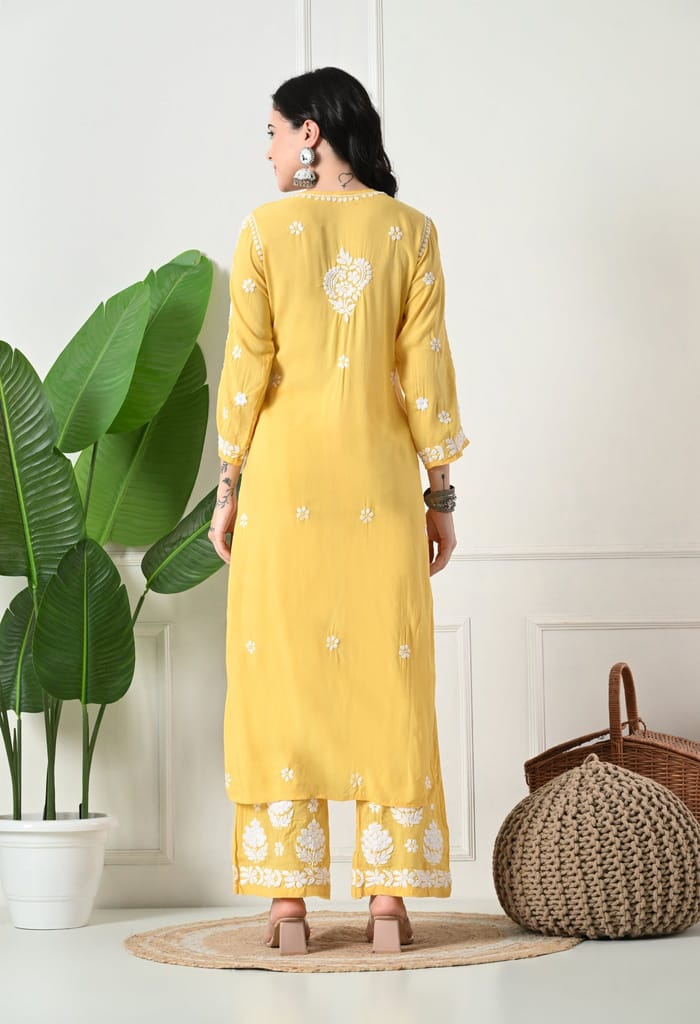 Hand Embroidered Chikankari Modal Plazo Set 3d Work-Yellow