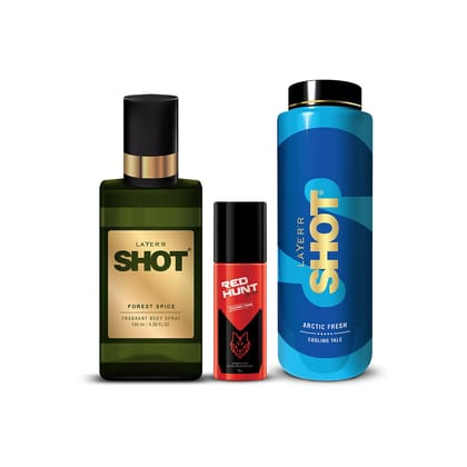 Layer'r Shot Fragrant Body Spray For Men- Pack of 3 | Forest Spice (130ml), Cooling Talc (100 g) & Red Hunt Shaving Foam (50ml) | Long-Lasting & Skin-Friendly Premium Fragrance | Perfect For All Occasions | For Men