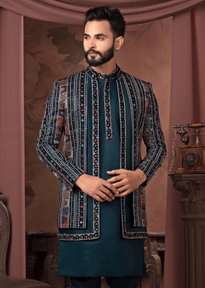 Teal Blue Hand Weaving Open Indowestern Set