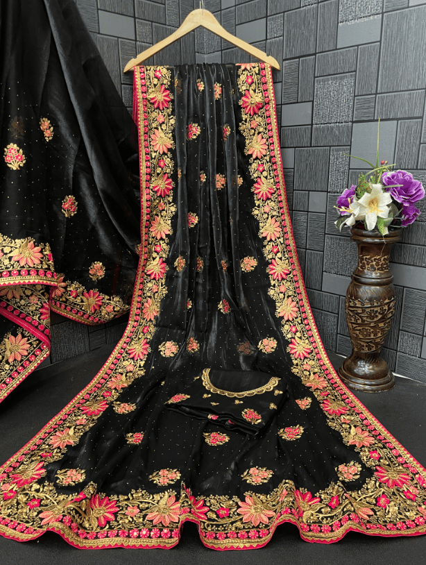 Womens New Latest Bollywood Fancy Party Wear Premium Fabric Embelished Swaroski  Work with Fancy Border Lace Saree With Blouse