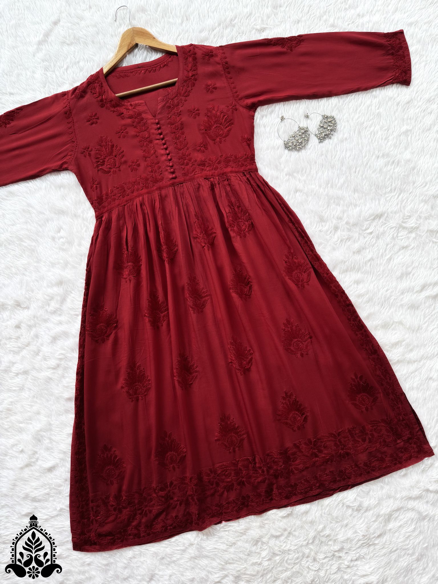 Mira Chikankari Modal Nyra-Cut Kurta-Maroon / M