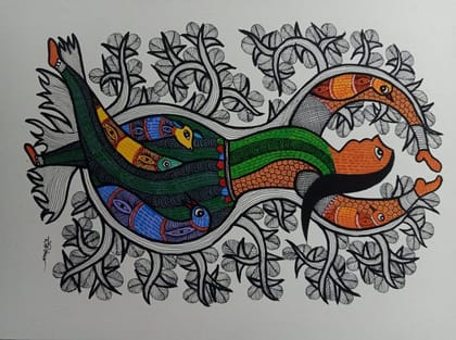 Dancing Lady with Fish - Original Indian Folk Art Painting