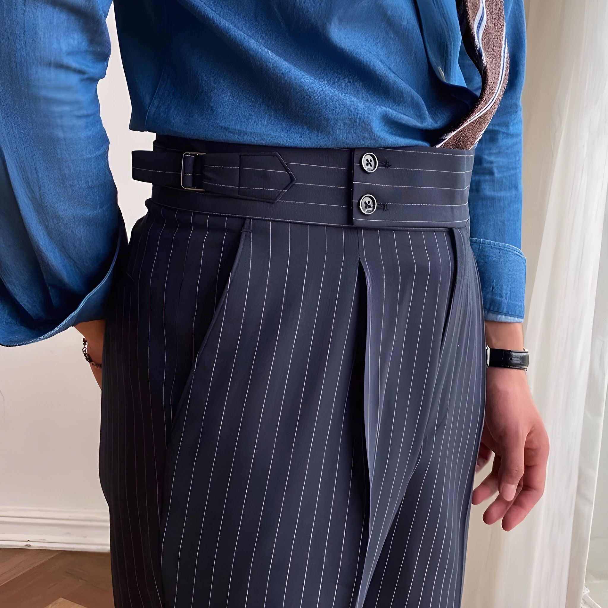 Navy Striped Signature Buttoned Gurkha Pants by Italian Vega® (Special Edition)-28
