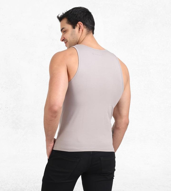 Freecultr Cotton Vest for Men Sleeveless Lightweight Solid Round Neck Comfort Vests Breathable & Comfortable Innerwear Sando for Man Regular Fit Pack of 2-Light Grey,Navy